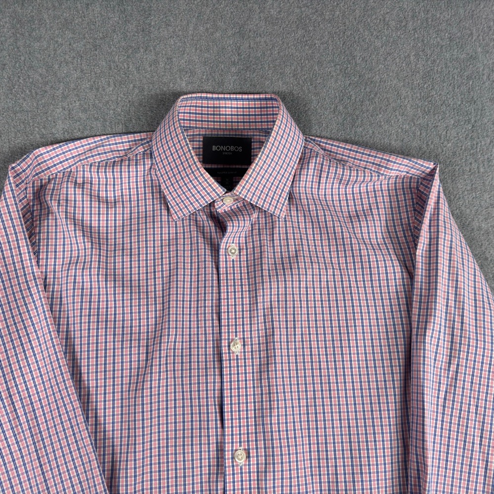 Bonobos Dress Shirt Mens 16 35 Pink Blue Check Stretch Slim Tailored Fit‎
